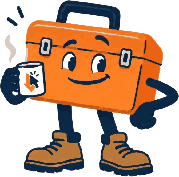 The ToolsAway toolbox mascot holding a mug of tea